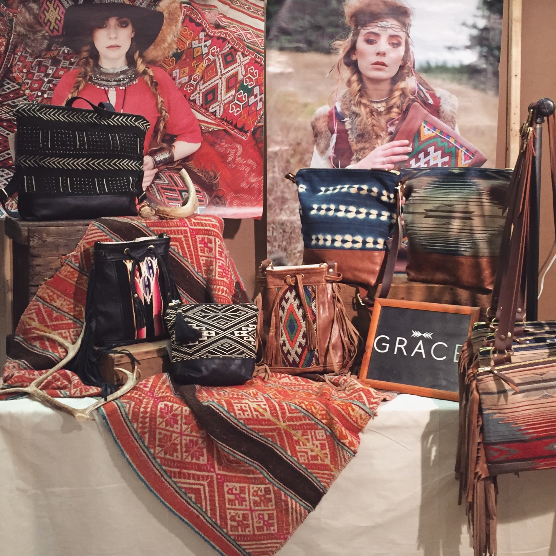 boho display, boho store, fringe bags, boho merchandising, boho fashion boutique, grace design bags, craft fairs toronto, boho bags, kilim bags