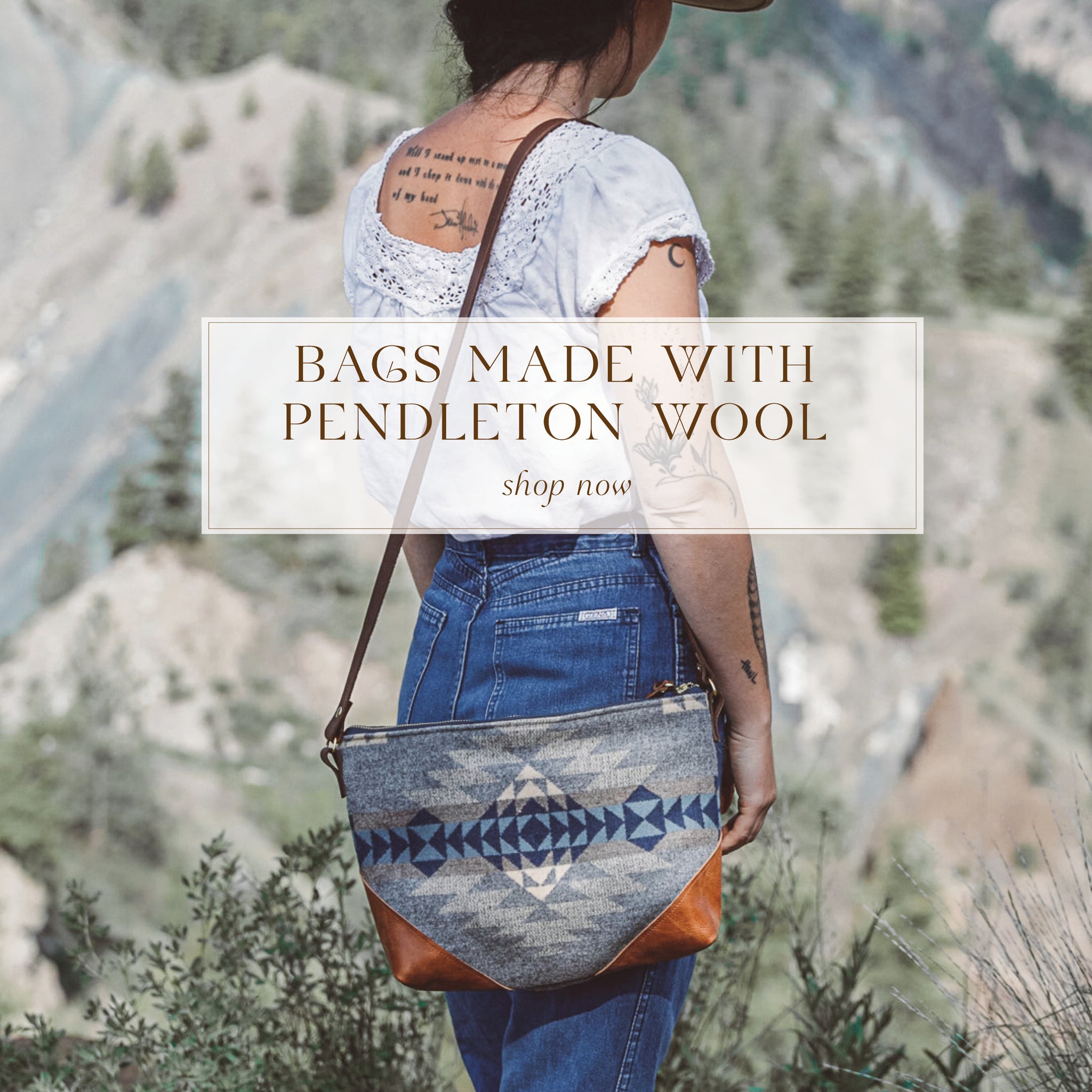 Grey and blue geometric Pendleton wool crossbody bag with leather trim, handmade in Canada

