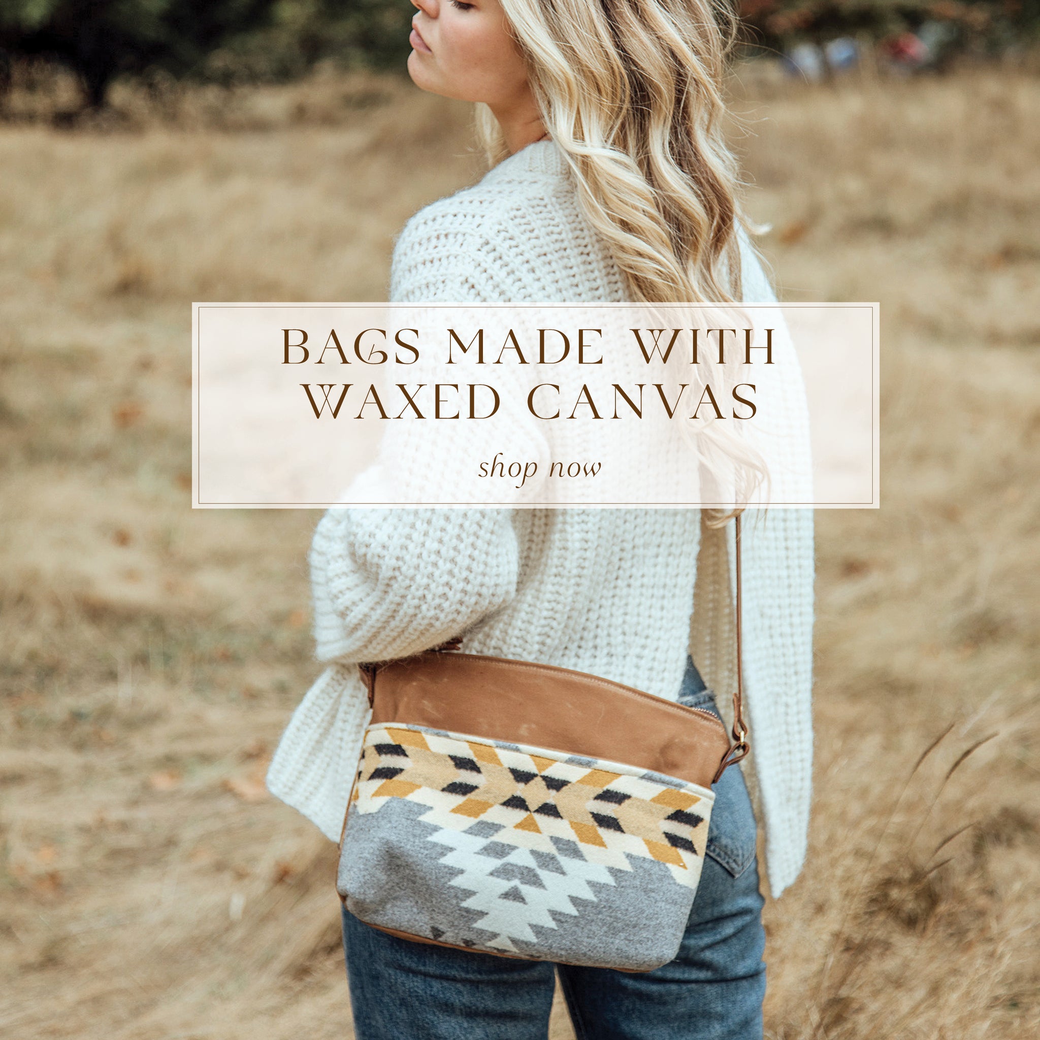 Handcrafted tan waxed canvas crossbody bag with grey, yellow, and white Pendleton wool panel