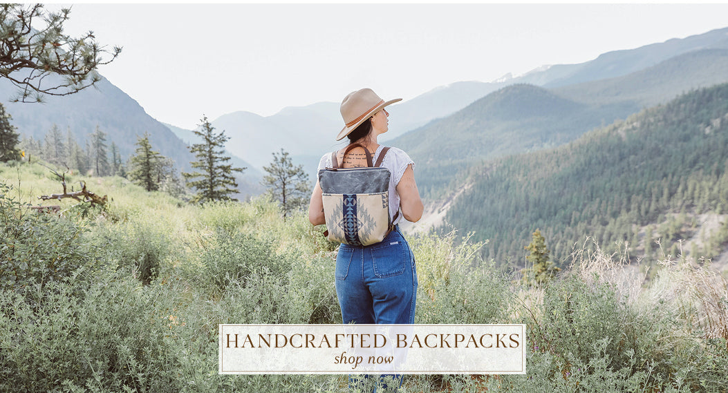 Grey waxed canvas backpack with vibrant geometric Pendleton wool design, handmade in Canada