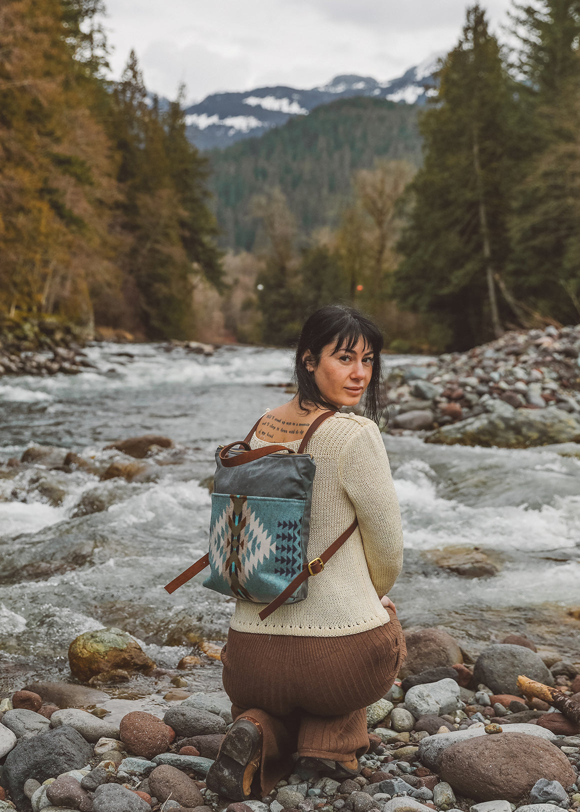 Tofino Backpack front view – handcrafted waxed canvas backpack with Pendleton wool design.