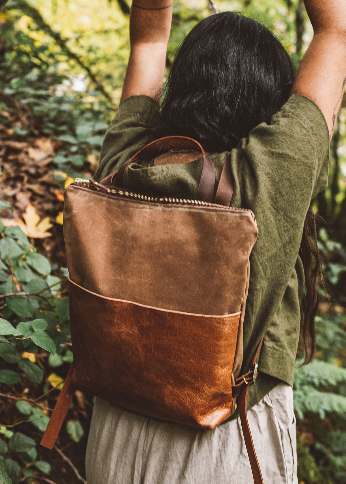 Waxed canvas and cheap leather backpack